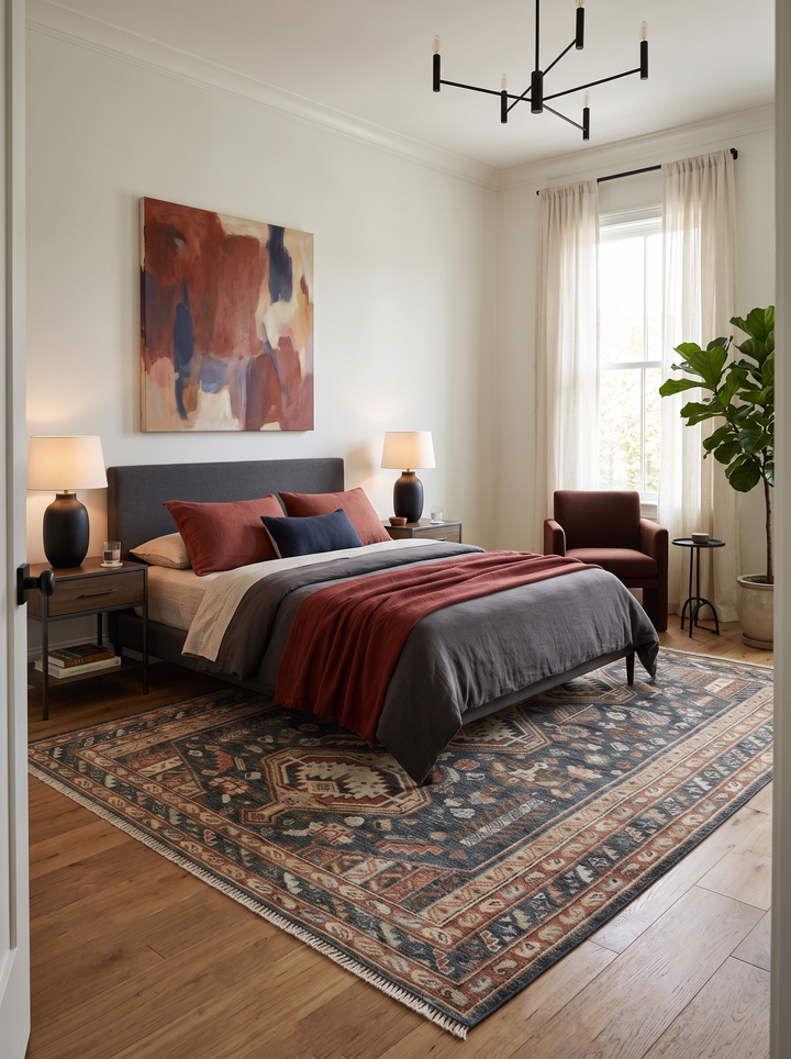 Antique-style wool area rug in charcoal, beige, and rust with geometric border and fringe