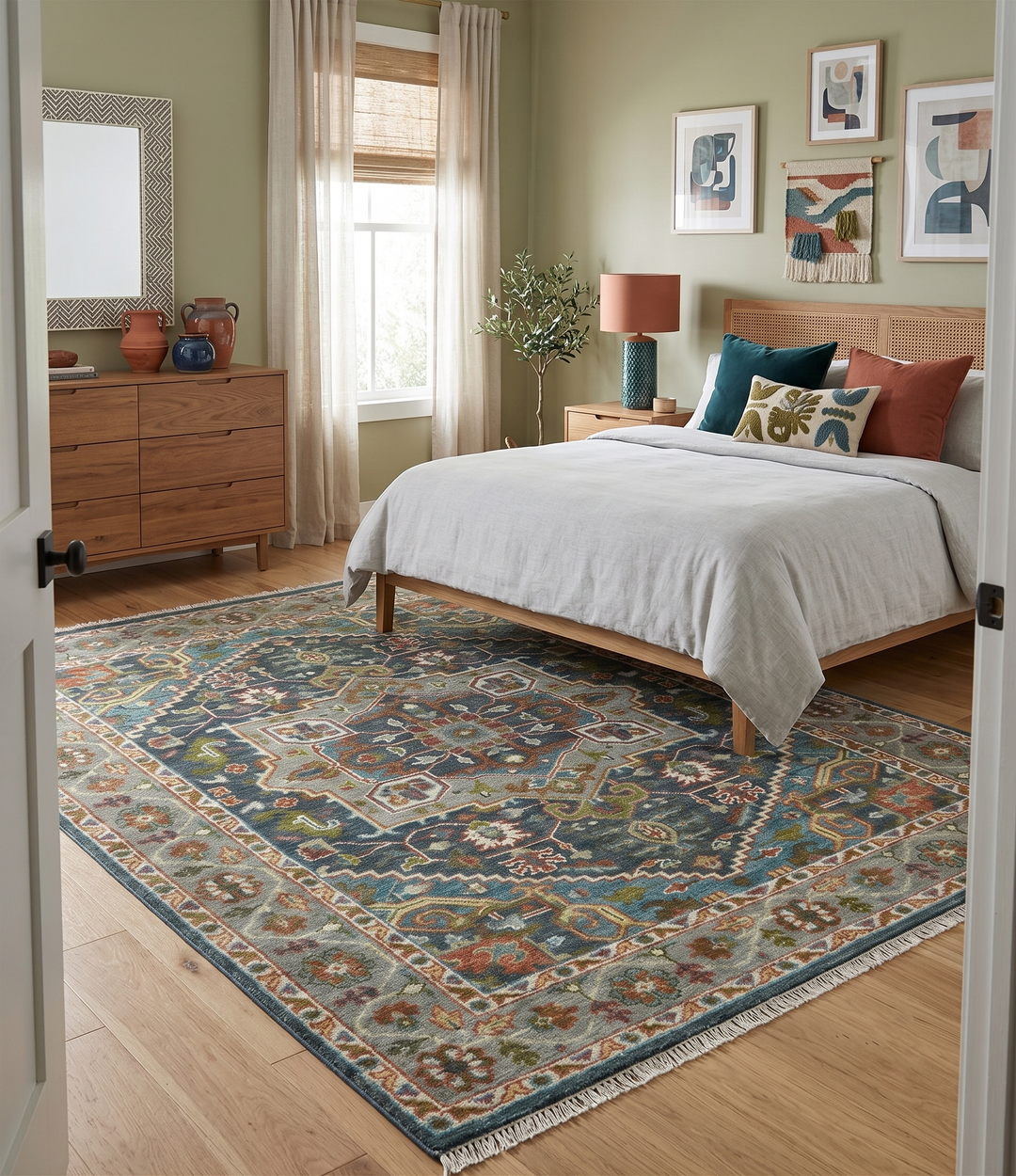 Hand Knotted Charcoal, Camel and Teal Traditional Heriz Multi size Wool Area Rug