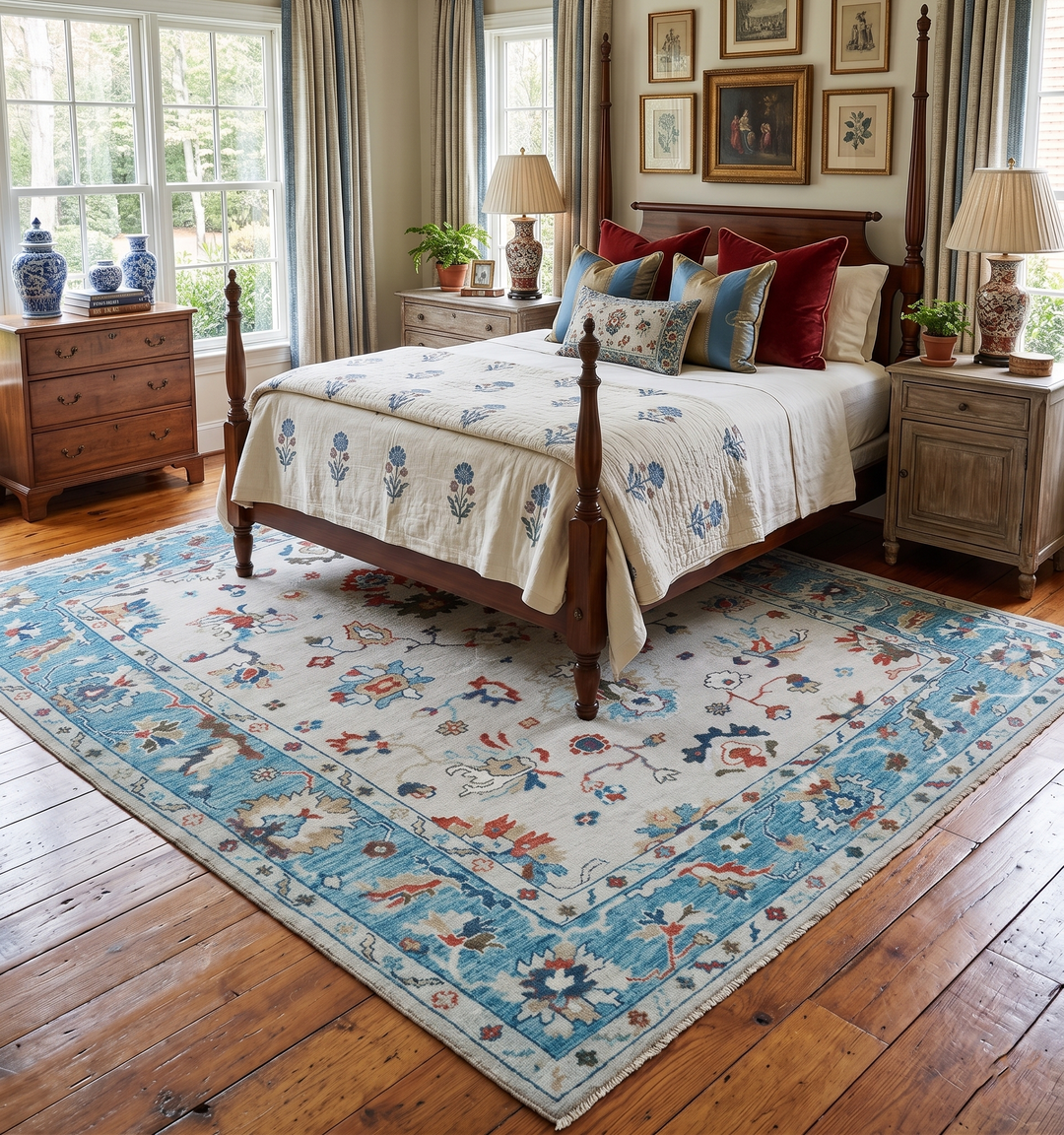 Ivory and Blue Hand knotted Traditional Oushak wool Area Rug