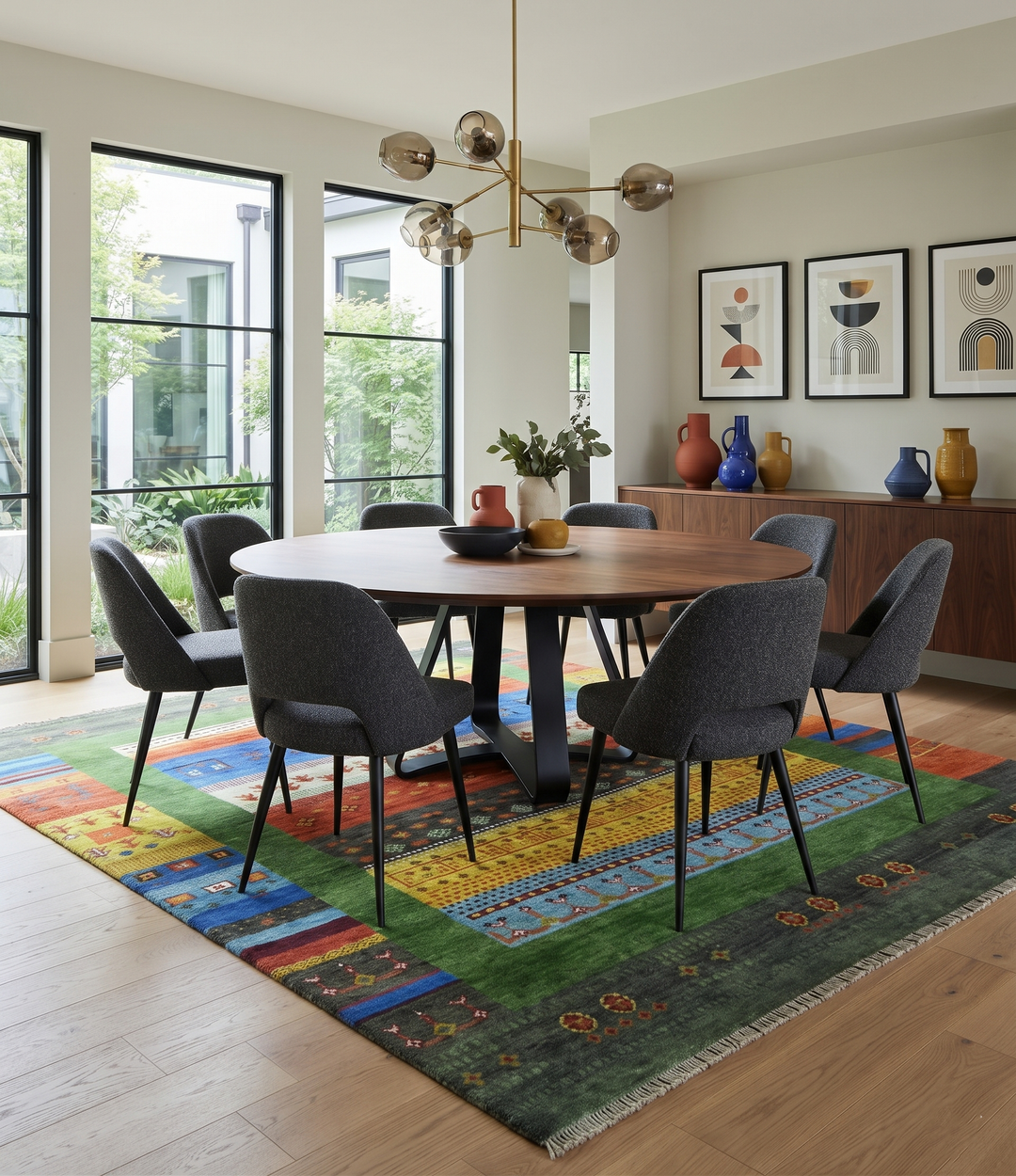 Green tribal area rug with multicolor border and central medallion, hand-knotted wool