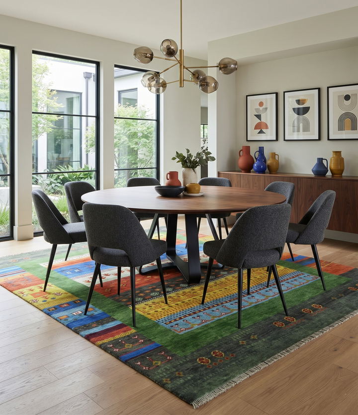 Green tribal area rug with multicolor border and central medallion, hand-knotted wool