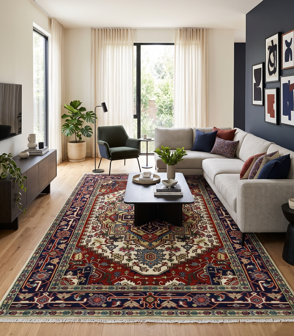 Hand-knotted wool rug with ivory field, maroon geometric border, and navy teal accents