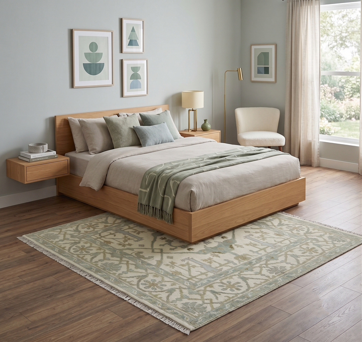 Hand Knotted Oriental Oushak Ivory and Teal Wool Area Rug