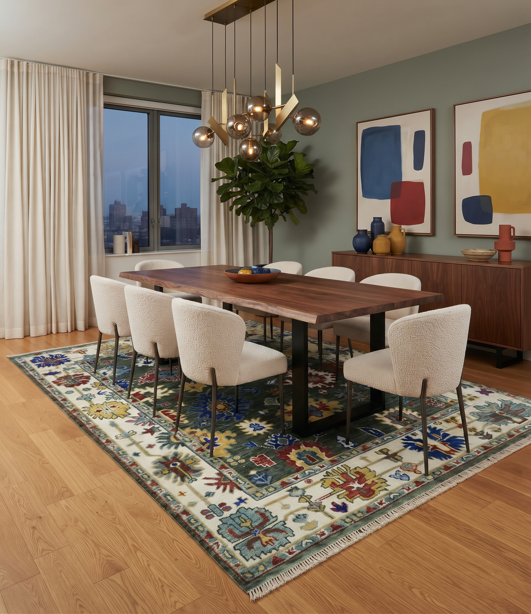 Hand-knotted Oushak wool area rug with multicolor floral medallion border on ivory ground