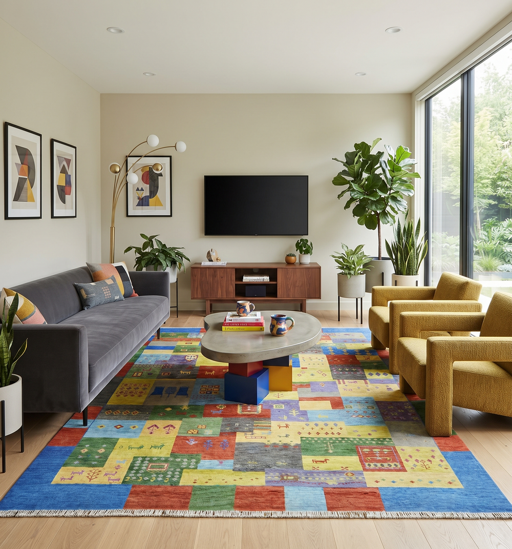 Multicolor wool area rug with antique tribal patchwork pattern and short fringed border