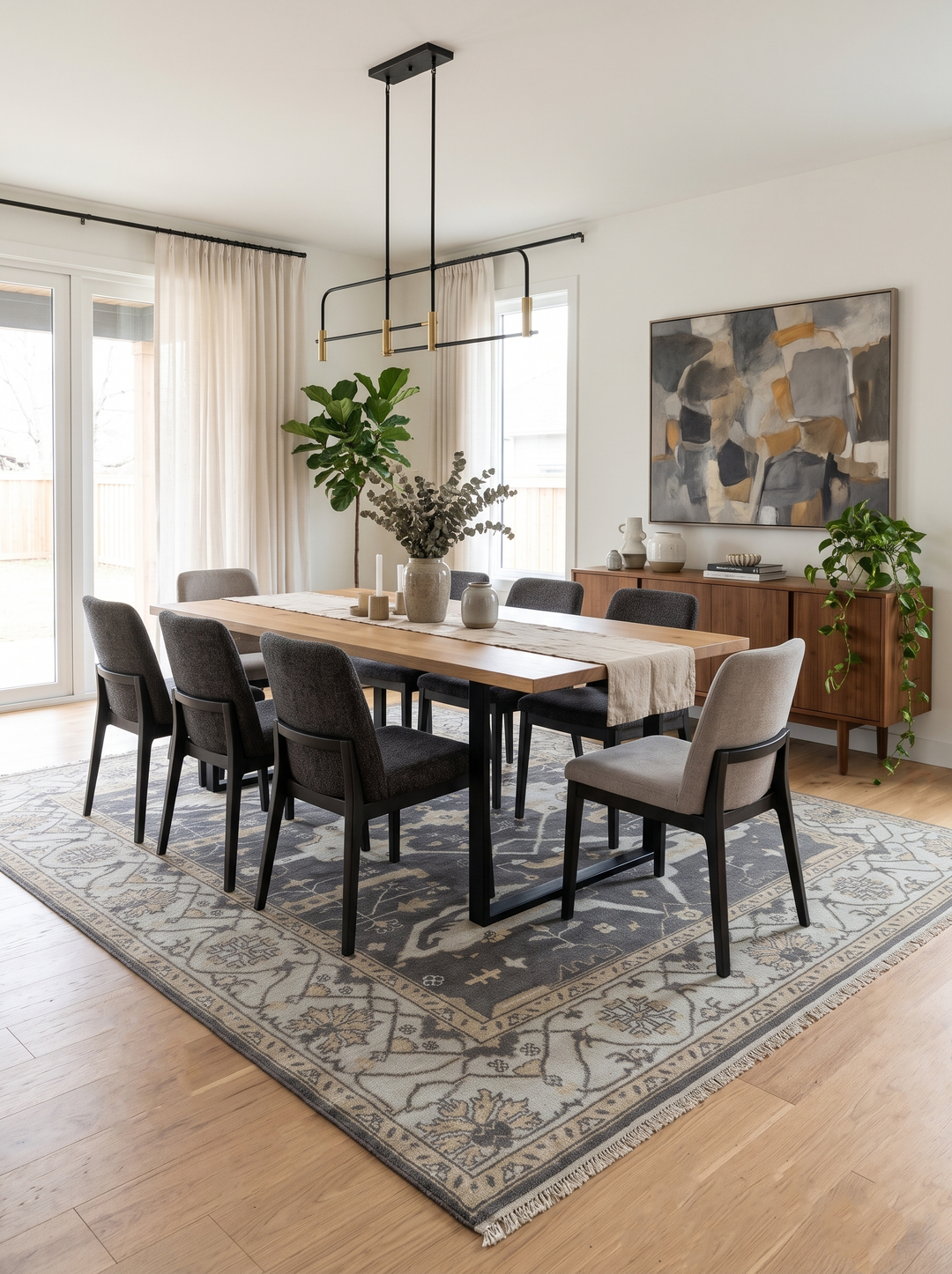 Vintage Oushak-style wool area rug under dining table with gray and ivory design
