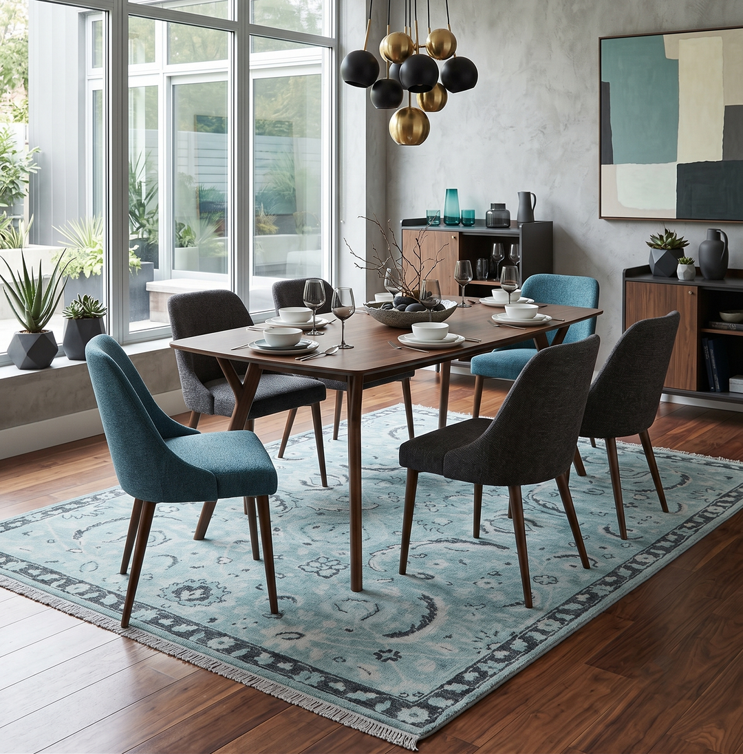 Custom Made Oushak Blue And Beige Hand Knotted Wool Rug