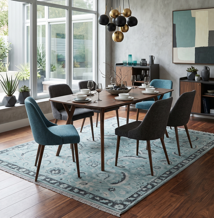 Custom Made Oushak Blue And Beige Hand Knotted Wool Rug