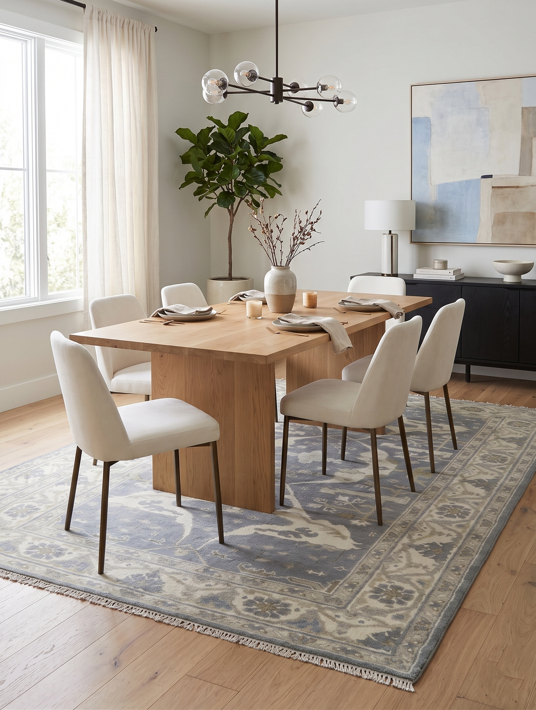 Traditional blue-gray and ivory area rug laid on hardwood floor.