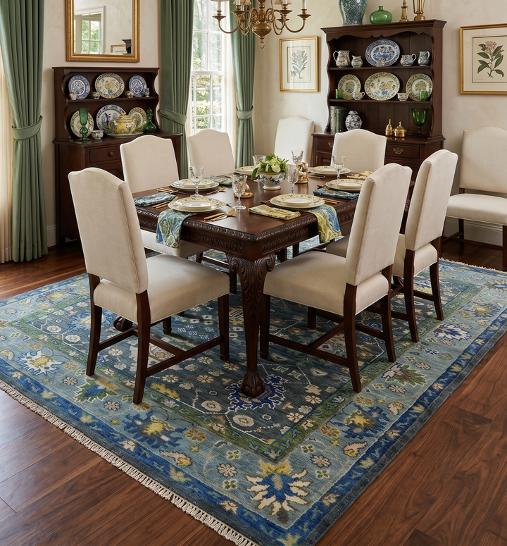 Antique Design Hand Knotted Charcoal, Green Moss and Blue Oushak Custom Made Rug