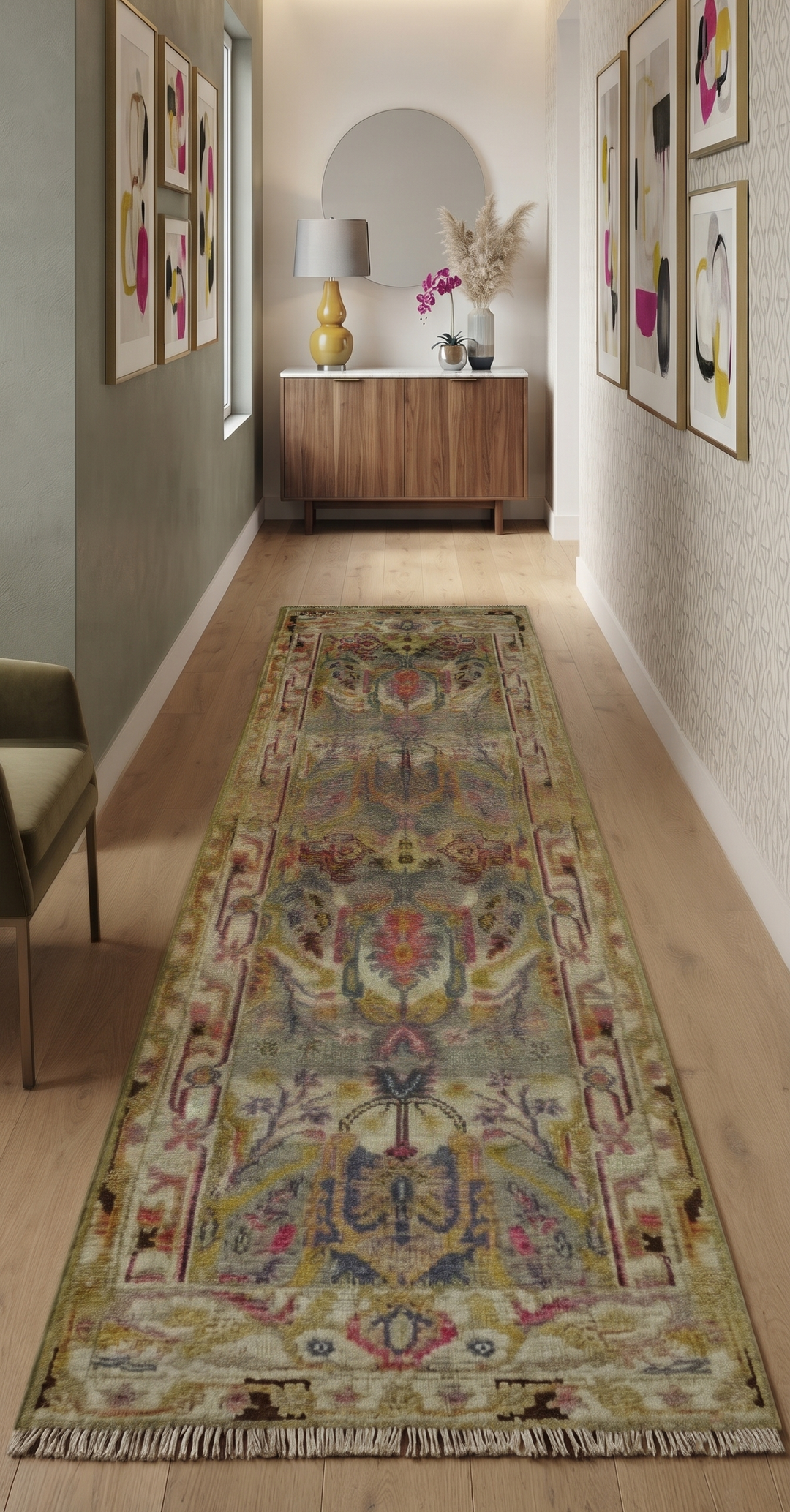 Patterned green, pink, and gold runner rug laid along a hallway
