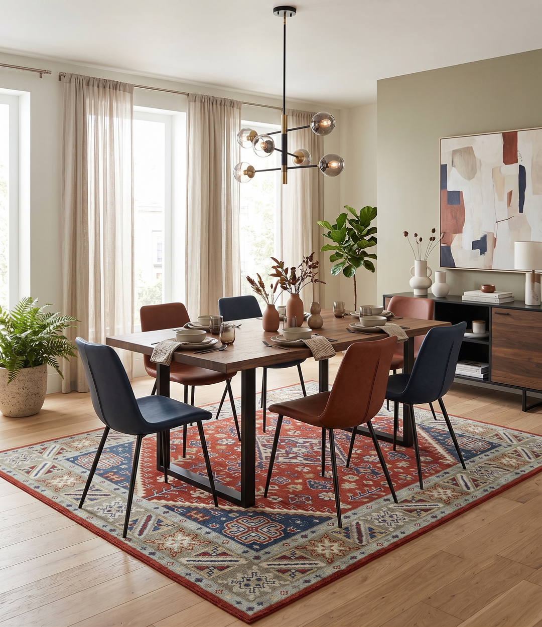 Premium Style Rust, Blue and Beige Hand Knotted Traditional Heriz wool Area Rug