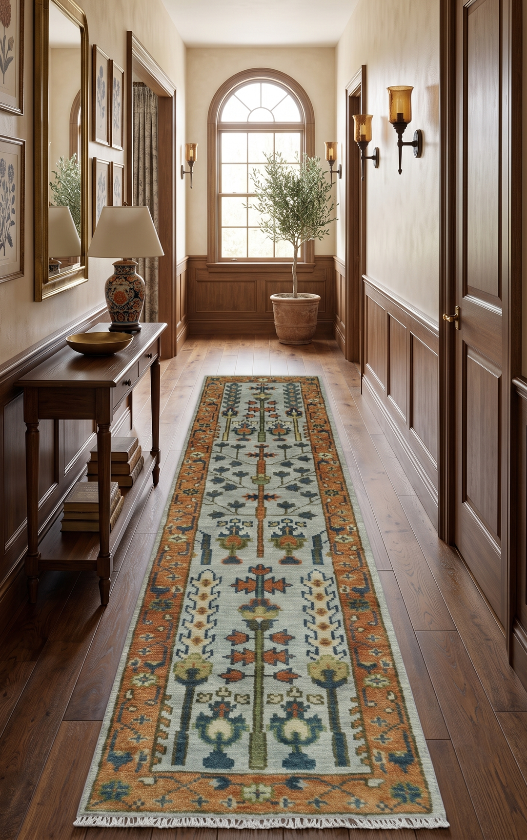 Custom Made Hand Knotted Rust And Silver Tree of life Runner Wool Rug