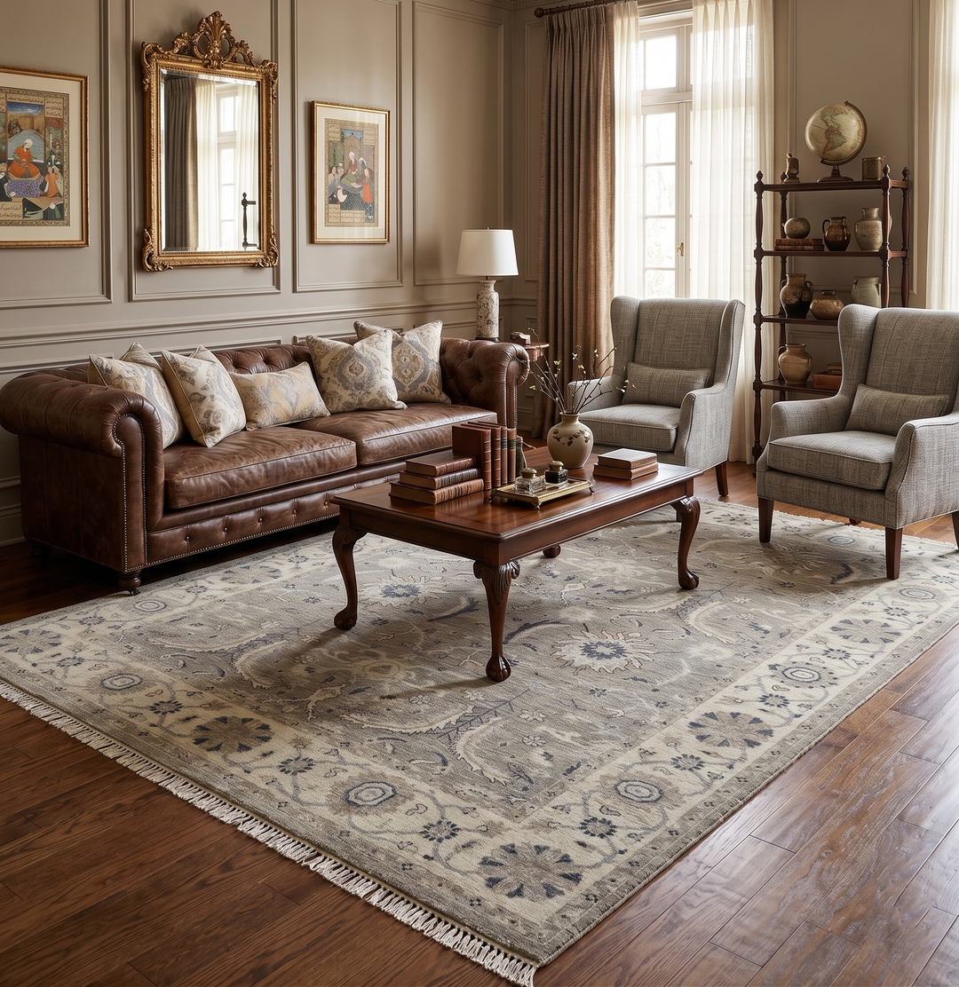 Custom Made Traditional Antique Distressed Gray and Beige Hand Knotted Wool Area Rug