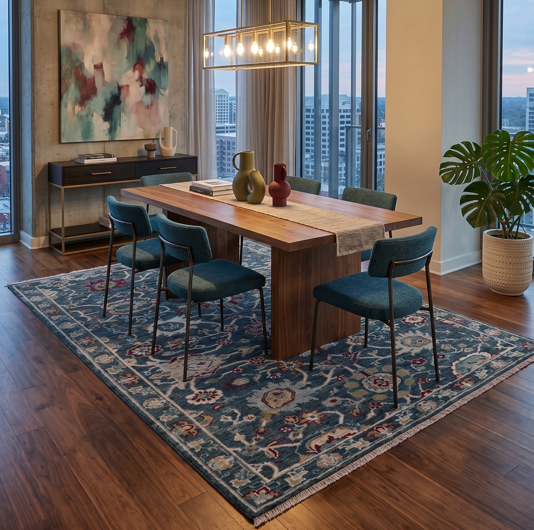 Custom Made Blue Traditional Turkish Design Hand Knotted Wool Rug