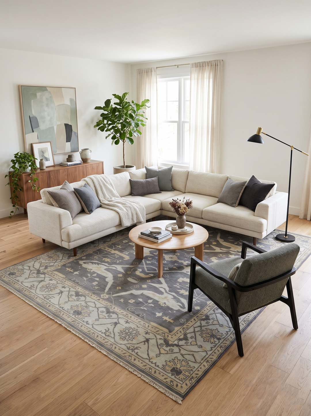 Gray and ivory oriental area rug with detailed allover pattern and border