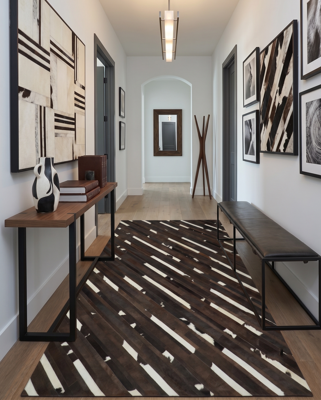 Quick Ship 2.6x8 Modern Stripe Brown And Ivory Handmade Leather Rug