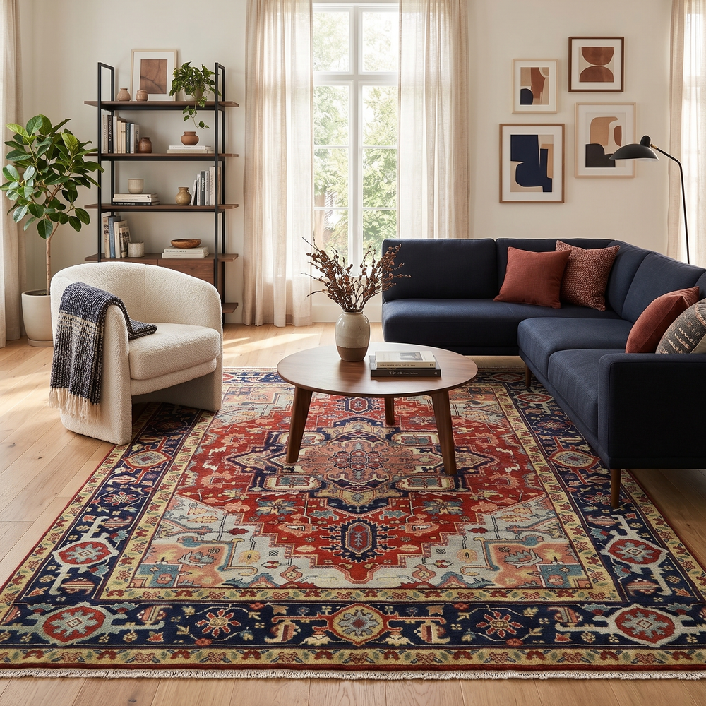 Red and blue traditional medallion hand-knotted wool rug laid flat with ornate border