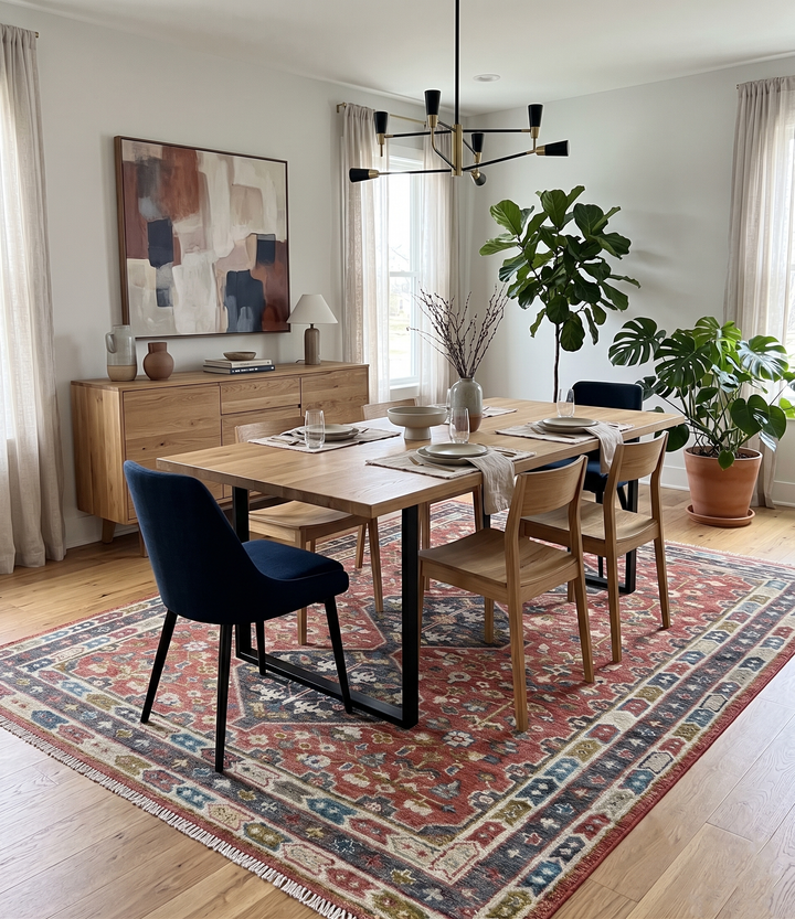 Hand-knotted wool area rug, rust and charcoal floral pattern with ivory accents, fringe