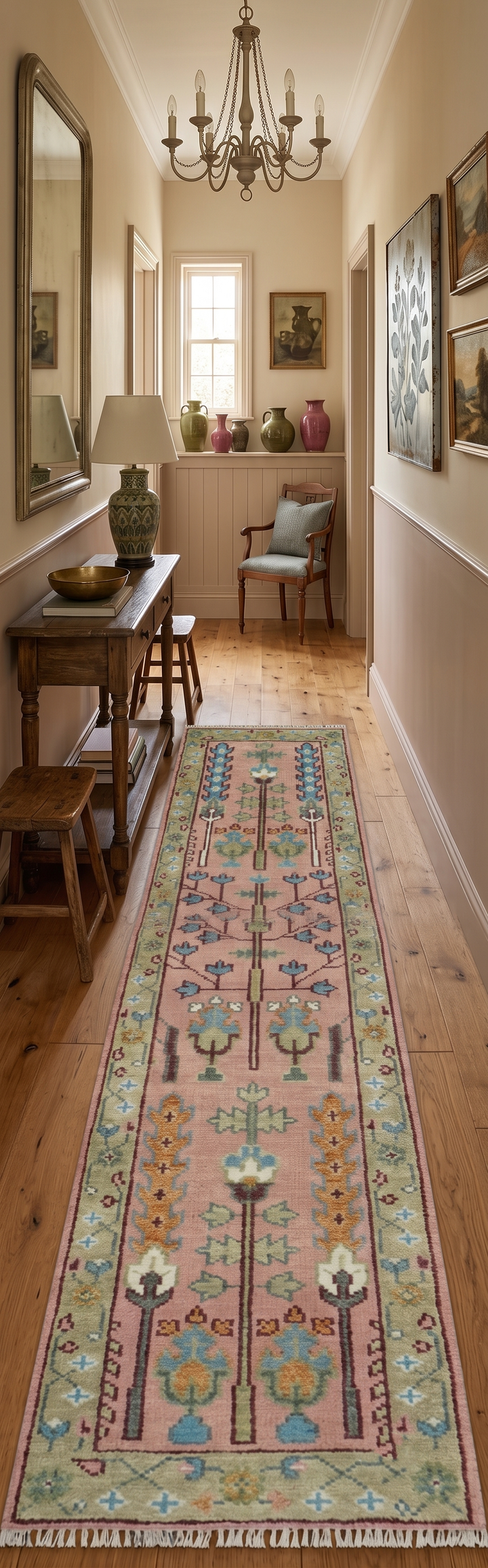 Custom Made Runner Rug Pink And Olive Tree of life Hand Knotted