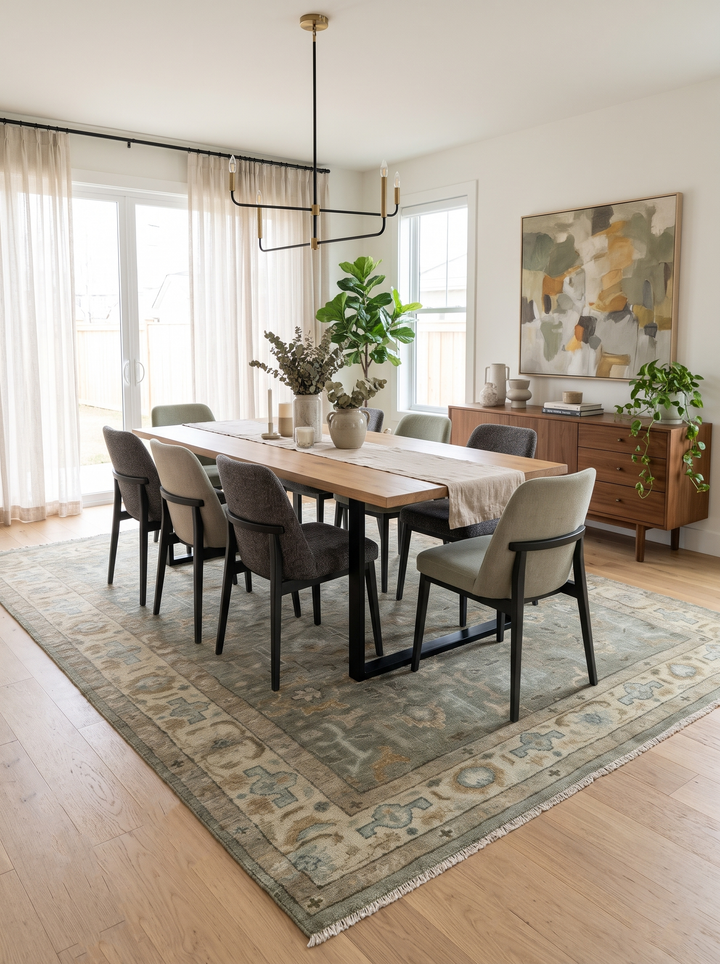 Vintage Turkish-style rug in dining area with gray-green and beige border and motifs