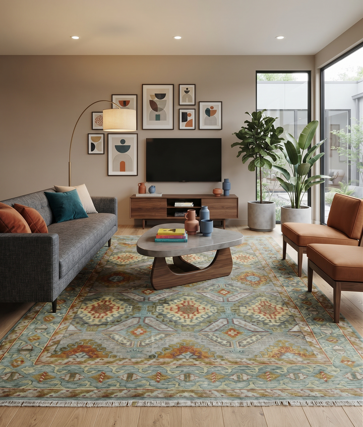 Oriental wool area rug with multi-tone floral medallion pattern and beige border