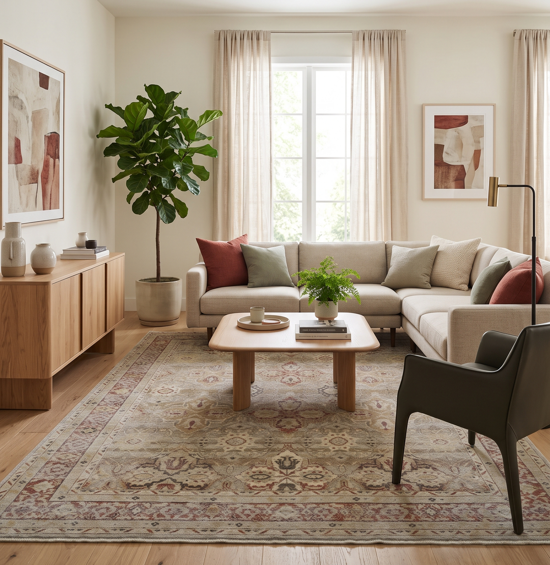 Hand-knotted wool rug with distressed antique pattern in olive, rust, and beige tones