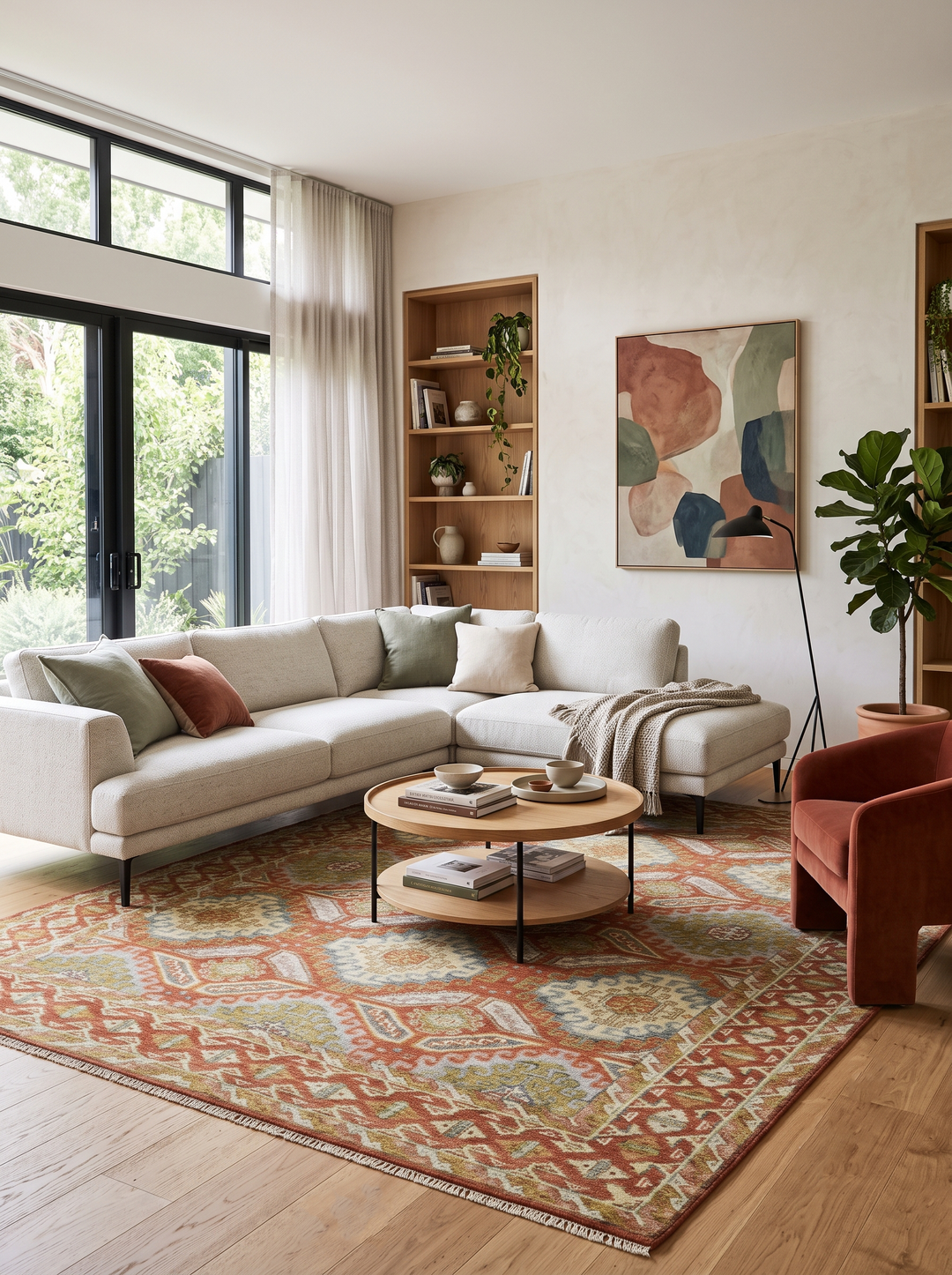 Hand Knotted Rust and Beige Oriental Traditional 9x12 Wool Area Rug, Living Room and Bedroom Rug