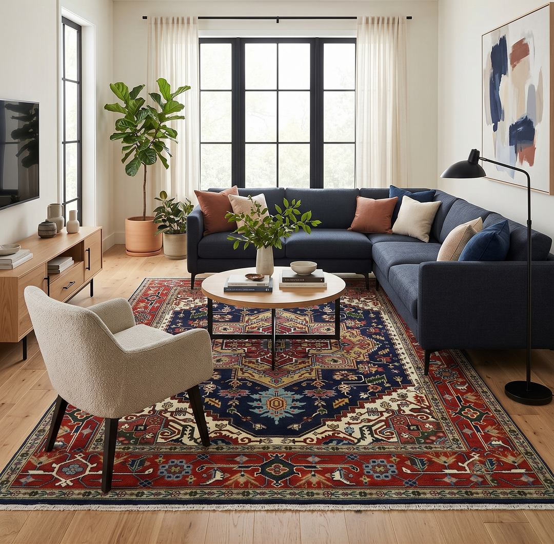 Custom Made Hand Knotted Multi Size Large Olive, Blue, Ivory and Rust Traditional Wool Rug