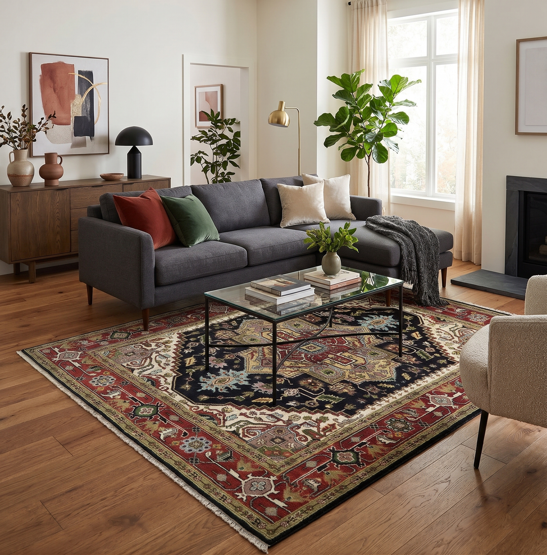Hand-knotted wool rug with dark navy field, red border, and cream Serapi motifs