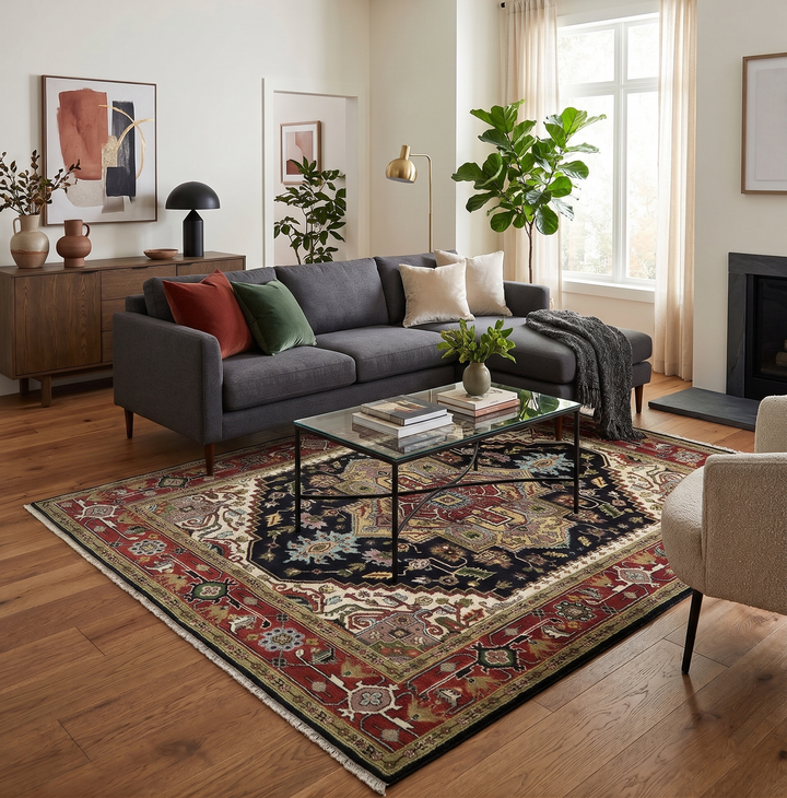 Hand-knotted wool rug with dark navy field, red border, and cream Serapi motifs