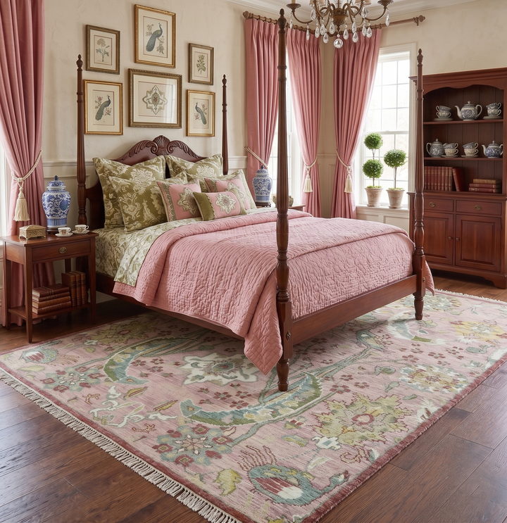 The Peacock Garden Pink and Green Peacock Bird Hand Knotted Multi size Wool Area Rug