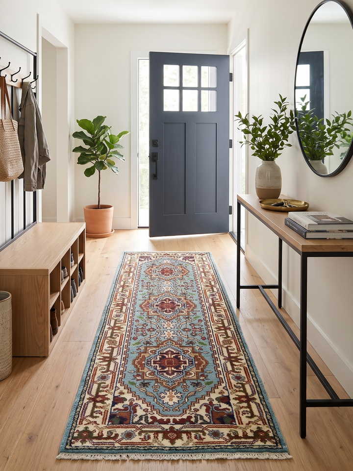 Traditional blue and ivory runner rug in an entryway