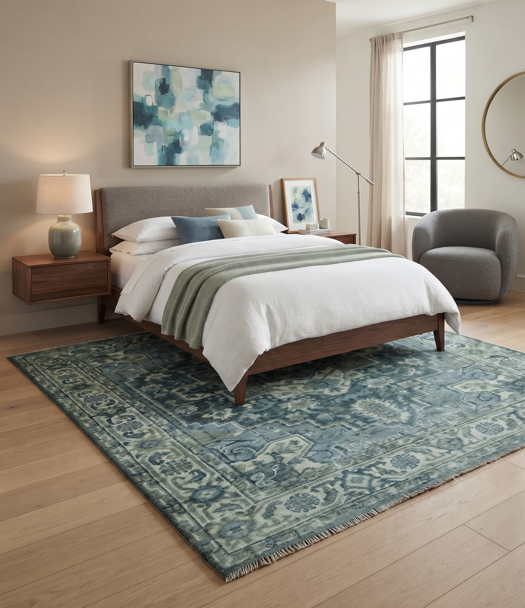 Hand Knotted Ivory, and Shades of Gray Traditional Custom made wool rug