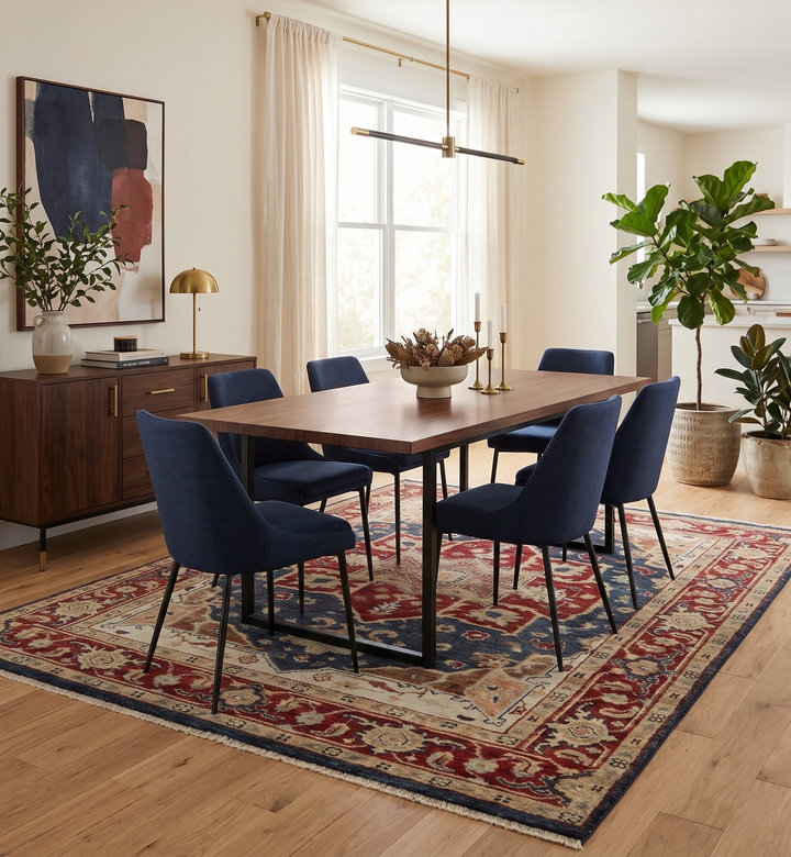 Traditional red and blue wool rug beneath a dining table