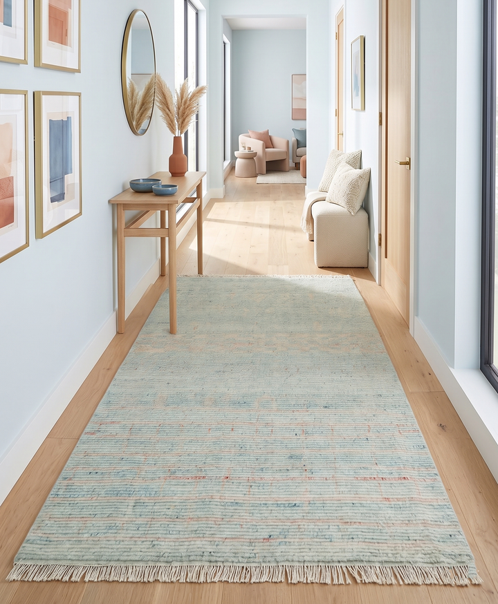 Hand Knotted Modern Abstract Blue and Peach Trellis Moroccan Blended Wool Area Rug