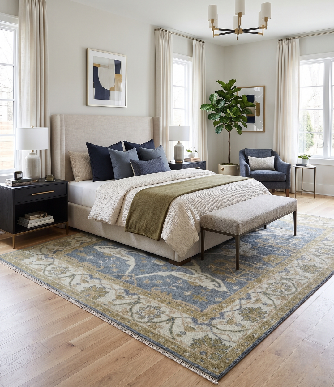 Gray and beige patterned Oushak rug beneath a bed, showing its full border
