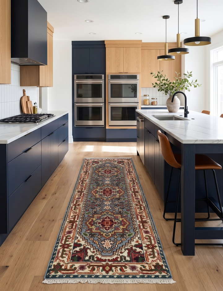 Blue and ivory traditional wool runner rug laid lengthwise