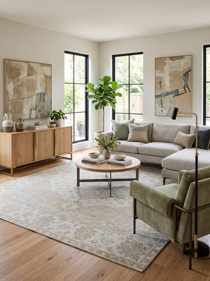 Ivory and brown distressed floral wool area rug, low-pile rectangular design.