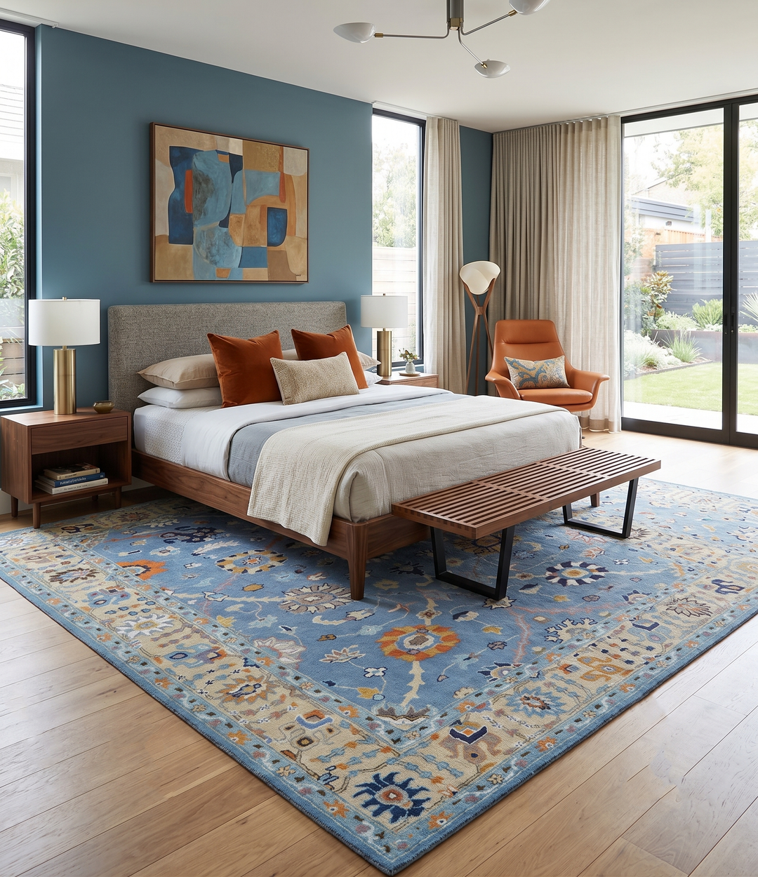 Modern Oushak Blue and Beige Hand Tufted Wool Area Rug