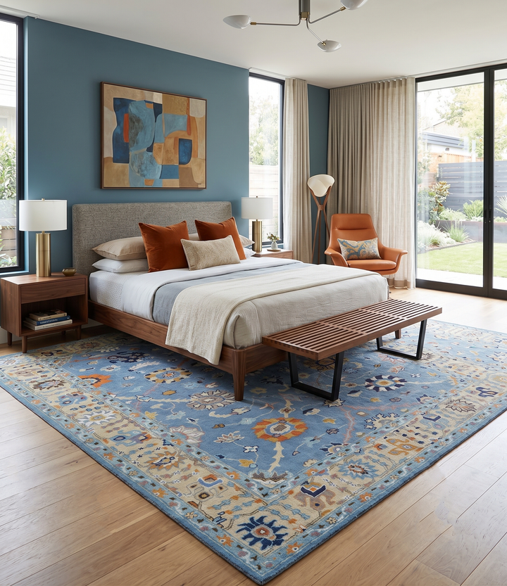 Modern Oushak Blue and Beige Hand Tufted Wool Area Rug