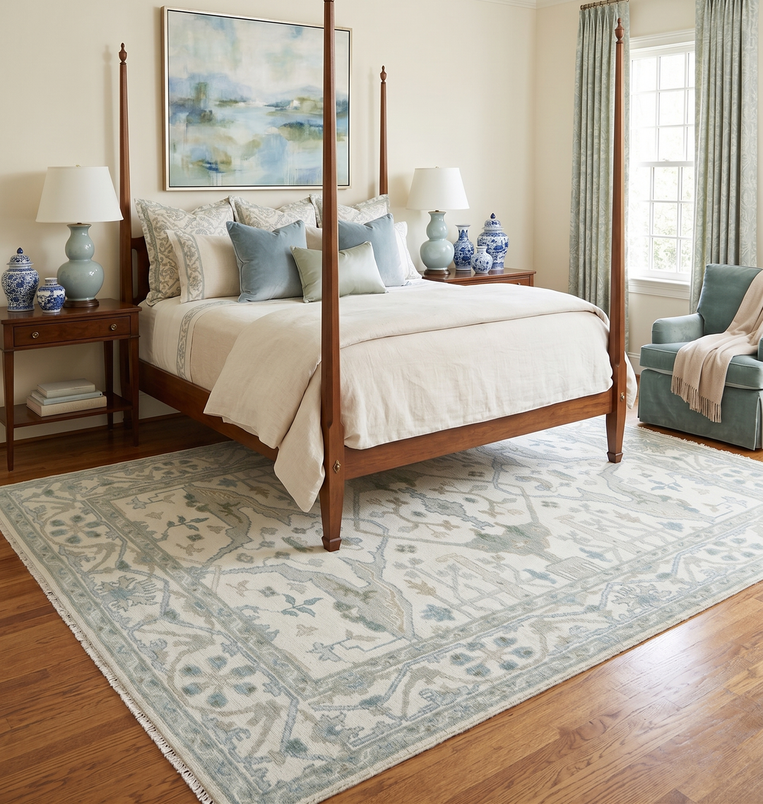 Custom Made Hand Knotted Oriental Oushak Ivory and Teal Wool Area Rug
