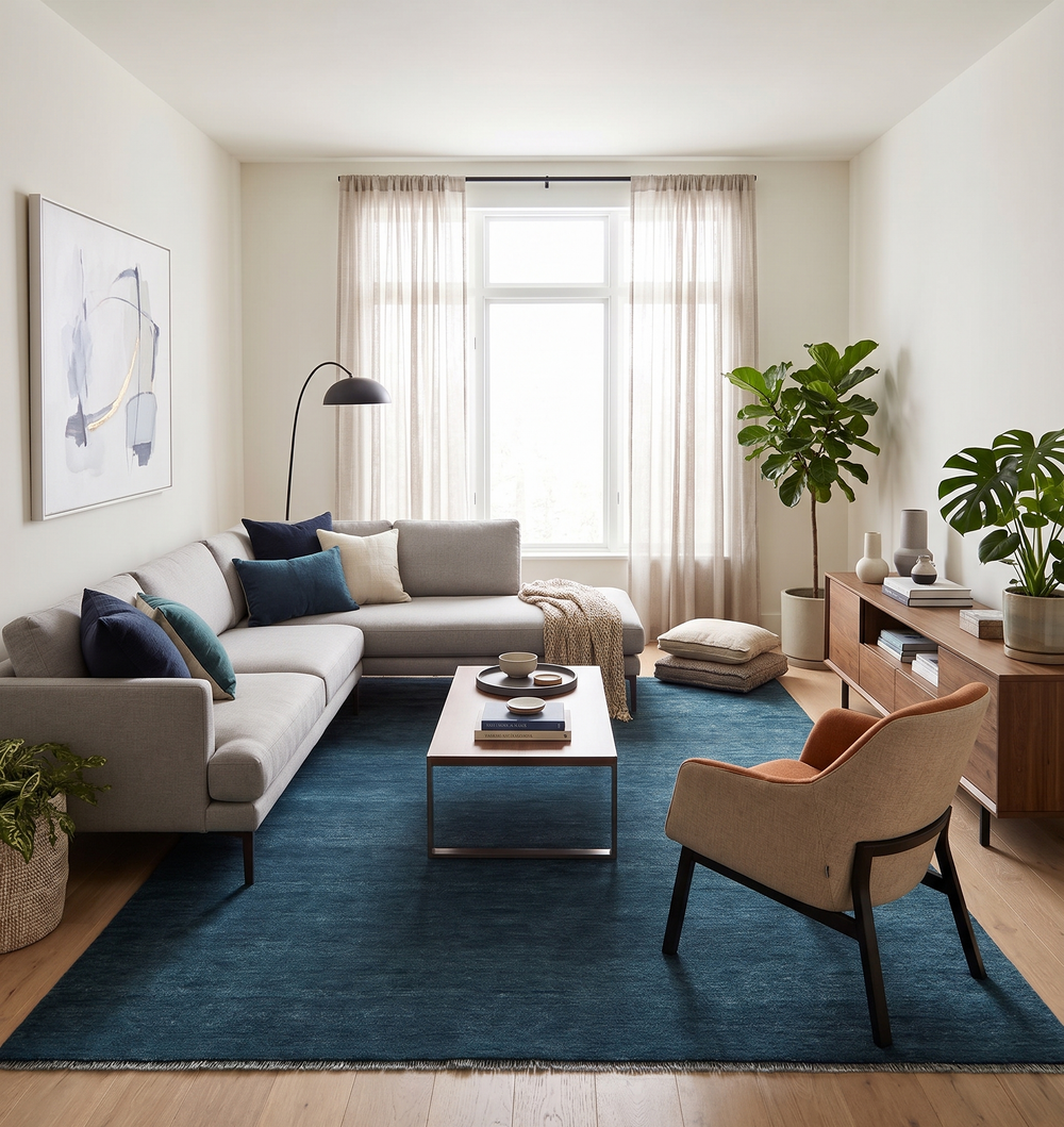 Midnight blue hand-knotted solid wool area rug with clean modern design