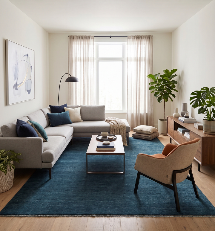 Solid dark blue hand-knotted wool area rug, 8x10 rectangle, in living room