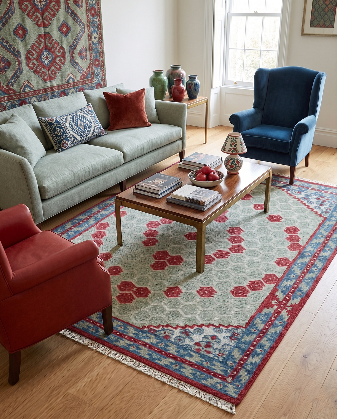 7x10 Hand Knotted Gray, Red and Blue Traditional  Wool Rug