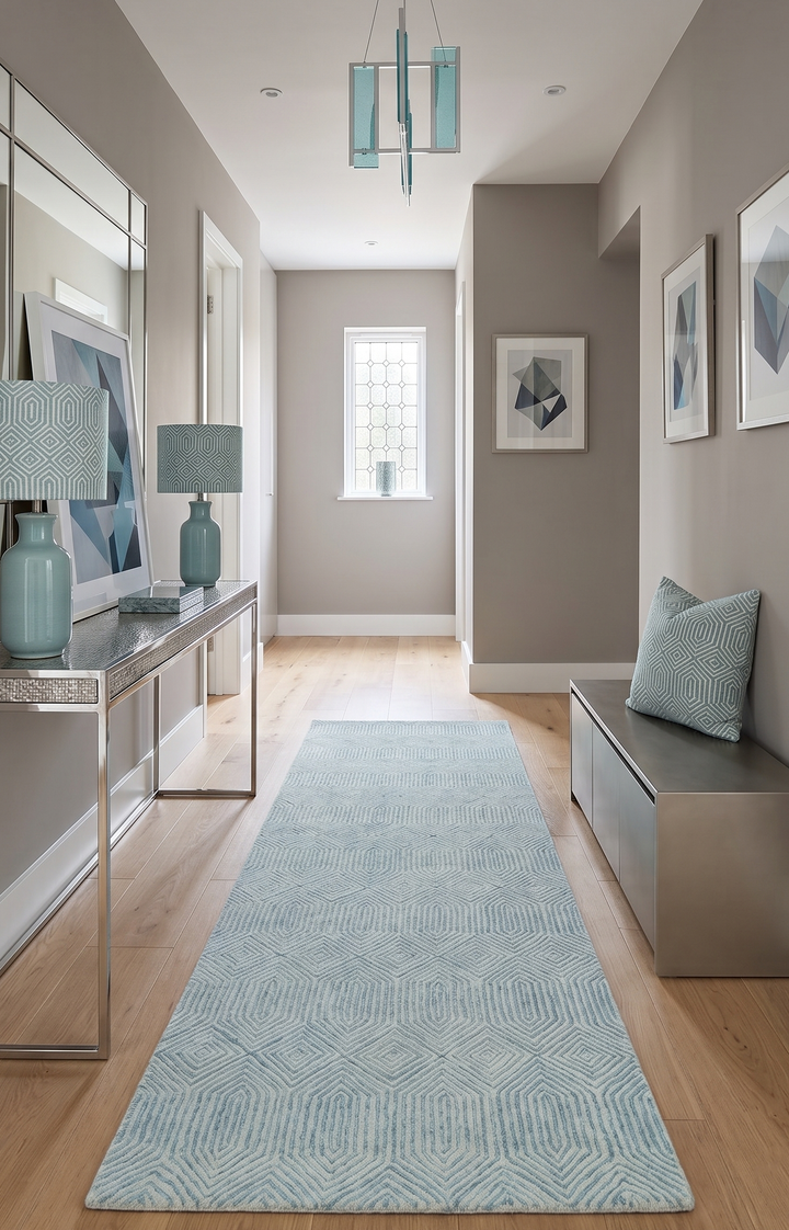 Ready to Ship Teal And Ivory Modern Contemporary Hand Tufted 2.6x8 Wool Rug