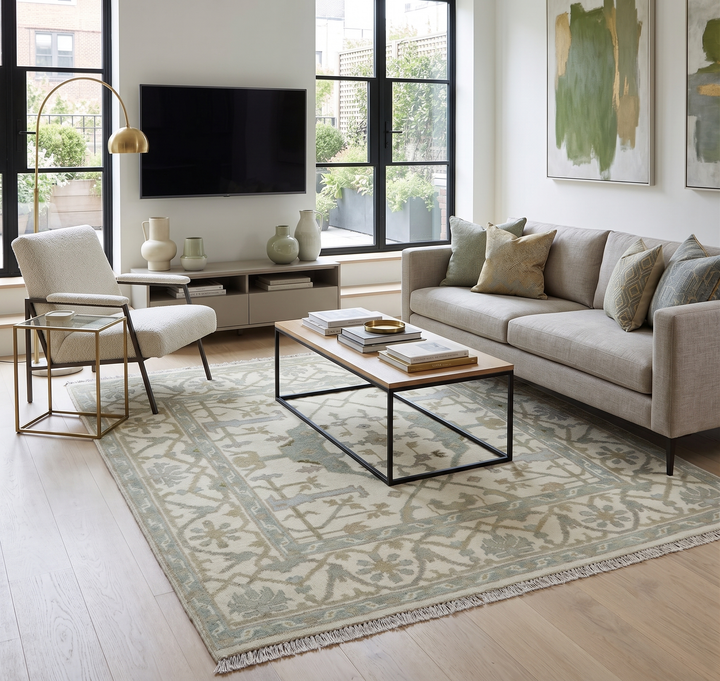 Hand Knotted Oriental Oushak Ivory and Teal Wool Area Rug