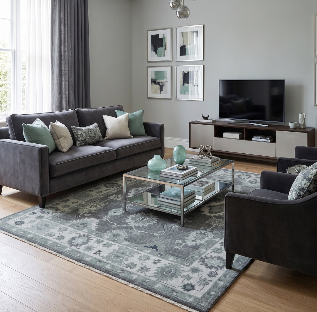 Antique look Charcoal, Ivory and Silver Hand knotted Traditional Oushak Custom Made wool Area Rug