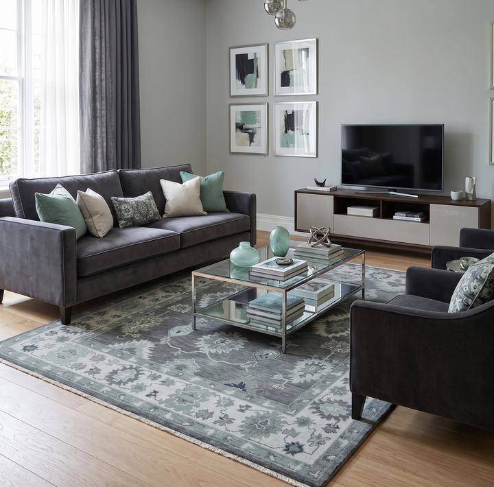 Antique look Charcoal, Ivory and Silver Hand knotted Traditional Oushak Custom Made wool Area Rug