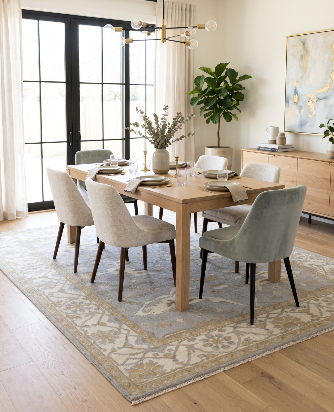 Gray and ivory Oushak wool rug with floral border beneath a dining table